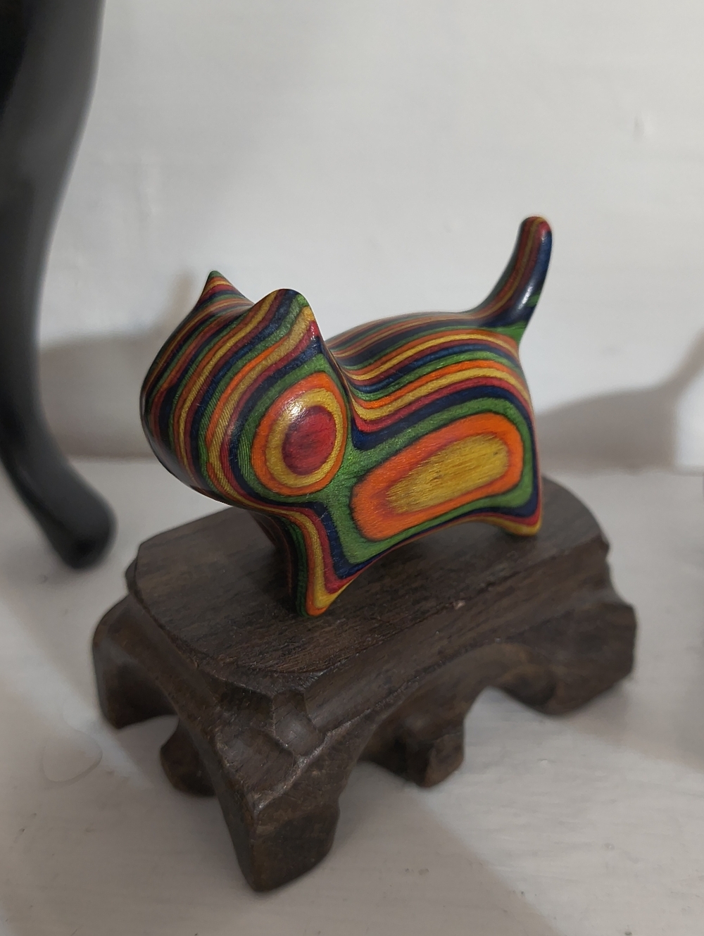 Wooden Miniature hand carved cat statue figurine kitty Multi color, tail up